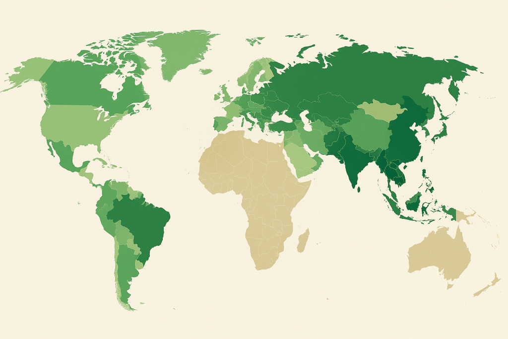 Mapa-múndi com diferentes tonalidades verdes.
